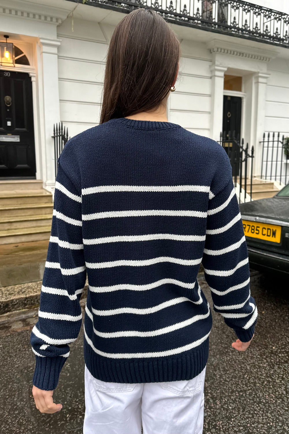 Navy Blue With Thin White Stripes