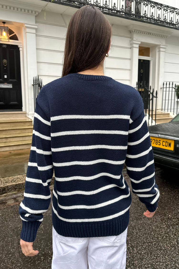 Marie Striped Sweater | Navy Blue With Thin White Stripes