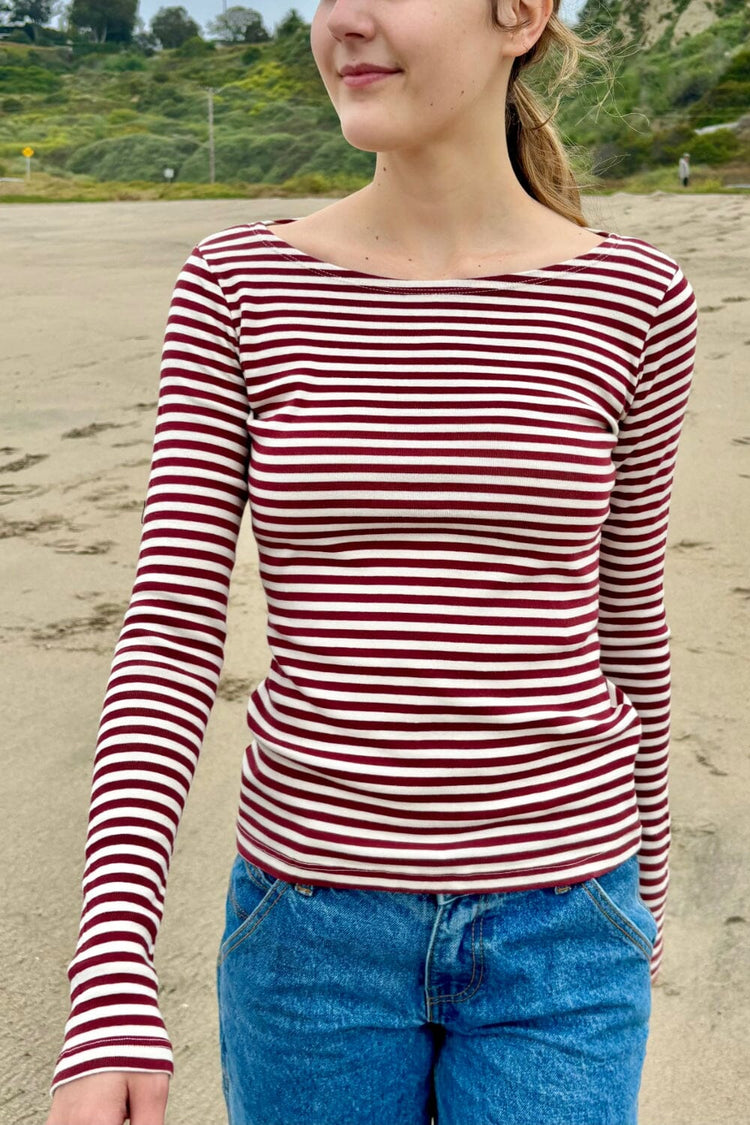 Catalina Stripe Top | White and Maroon Stripes / S