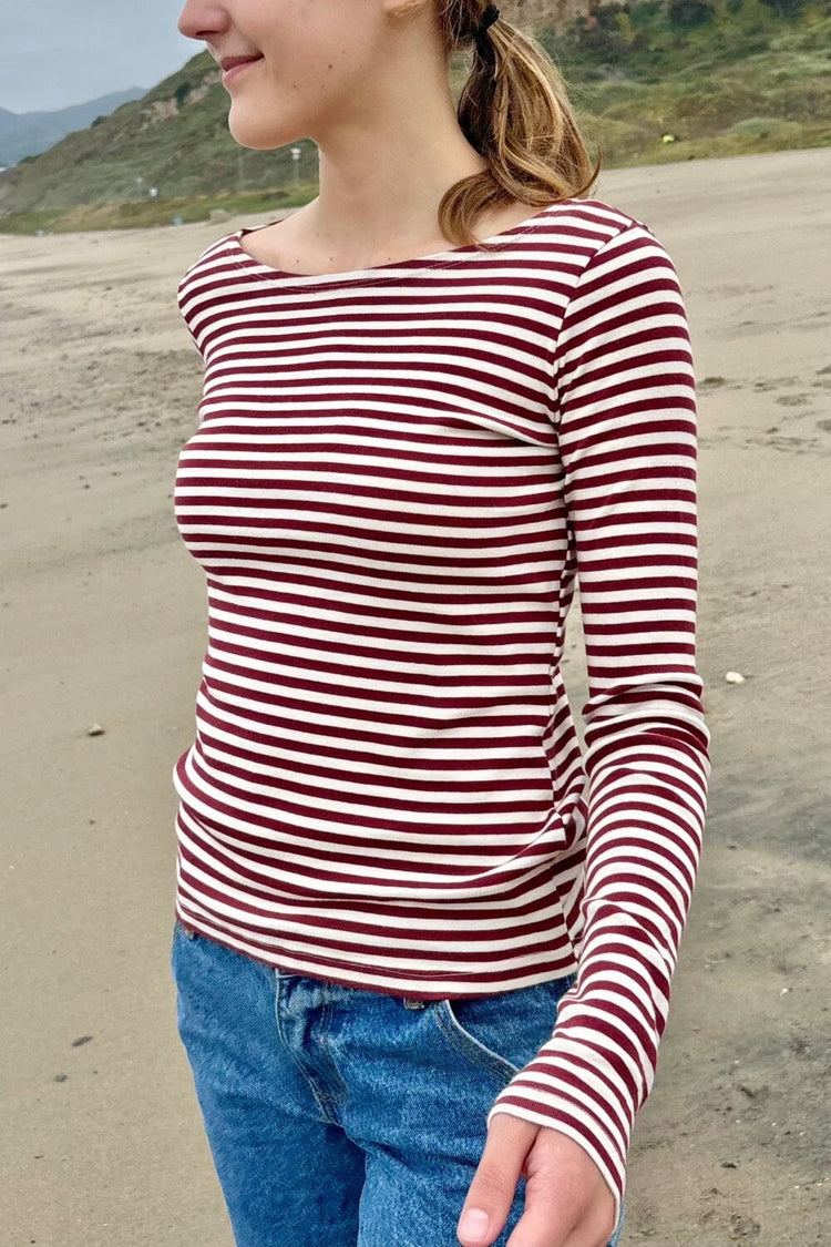 Catalina Stripe Top | White and Maroon Stripes / S