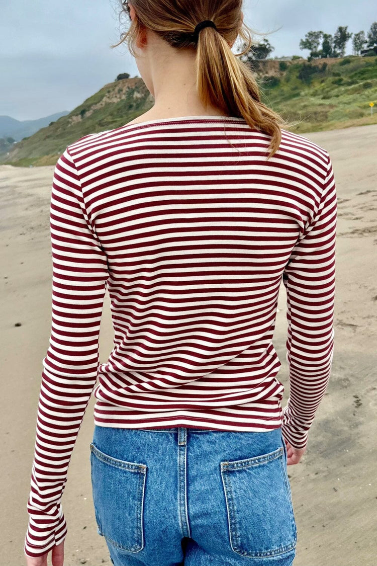 Catalina Stripe Top | White and Maroon Stripes / S