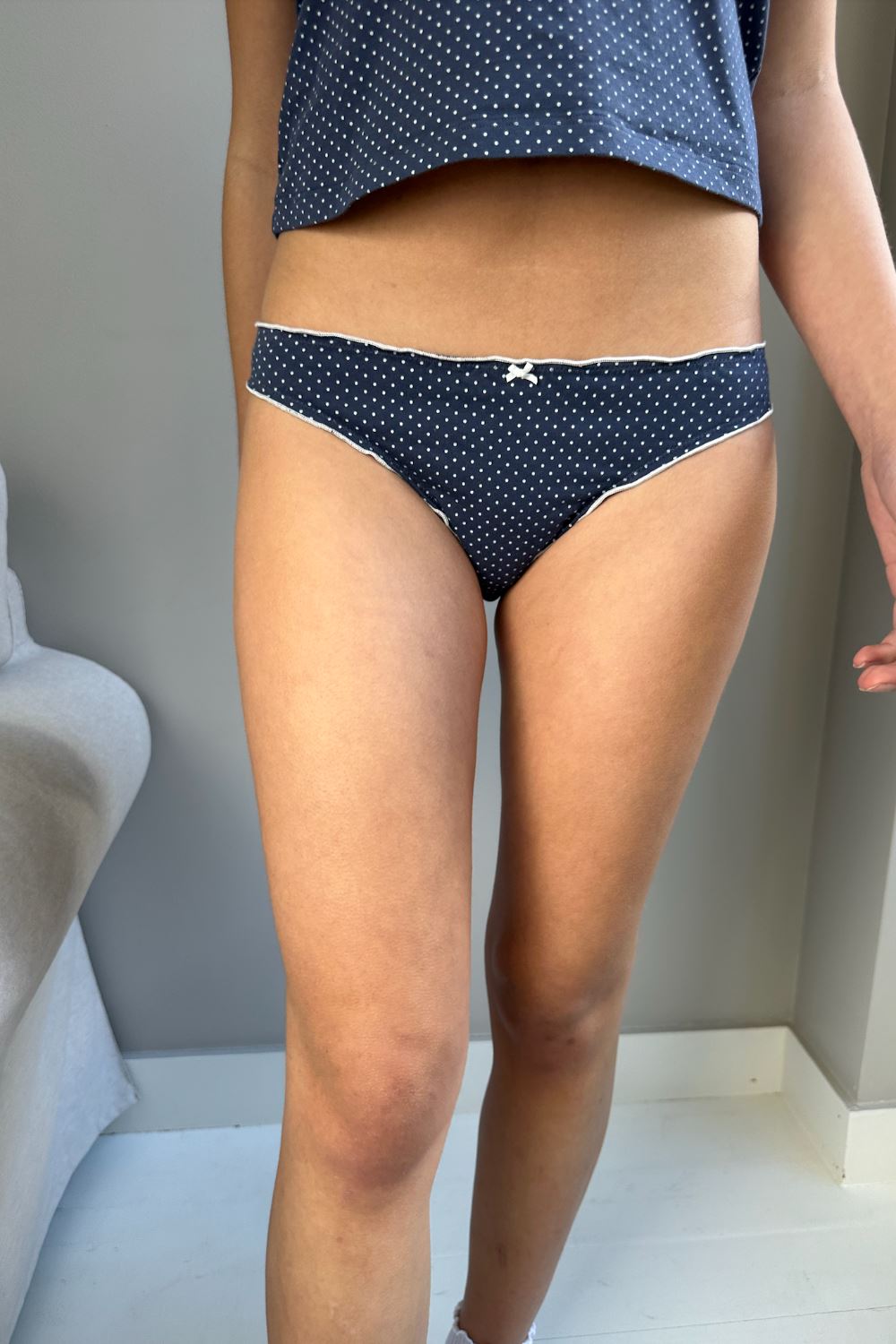 Faded Navy Blue With White Polka Dots / S