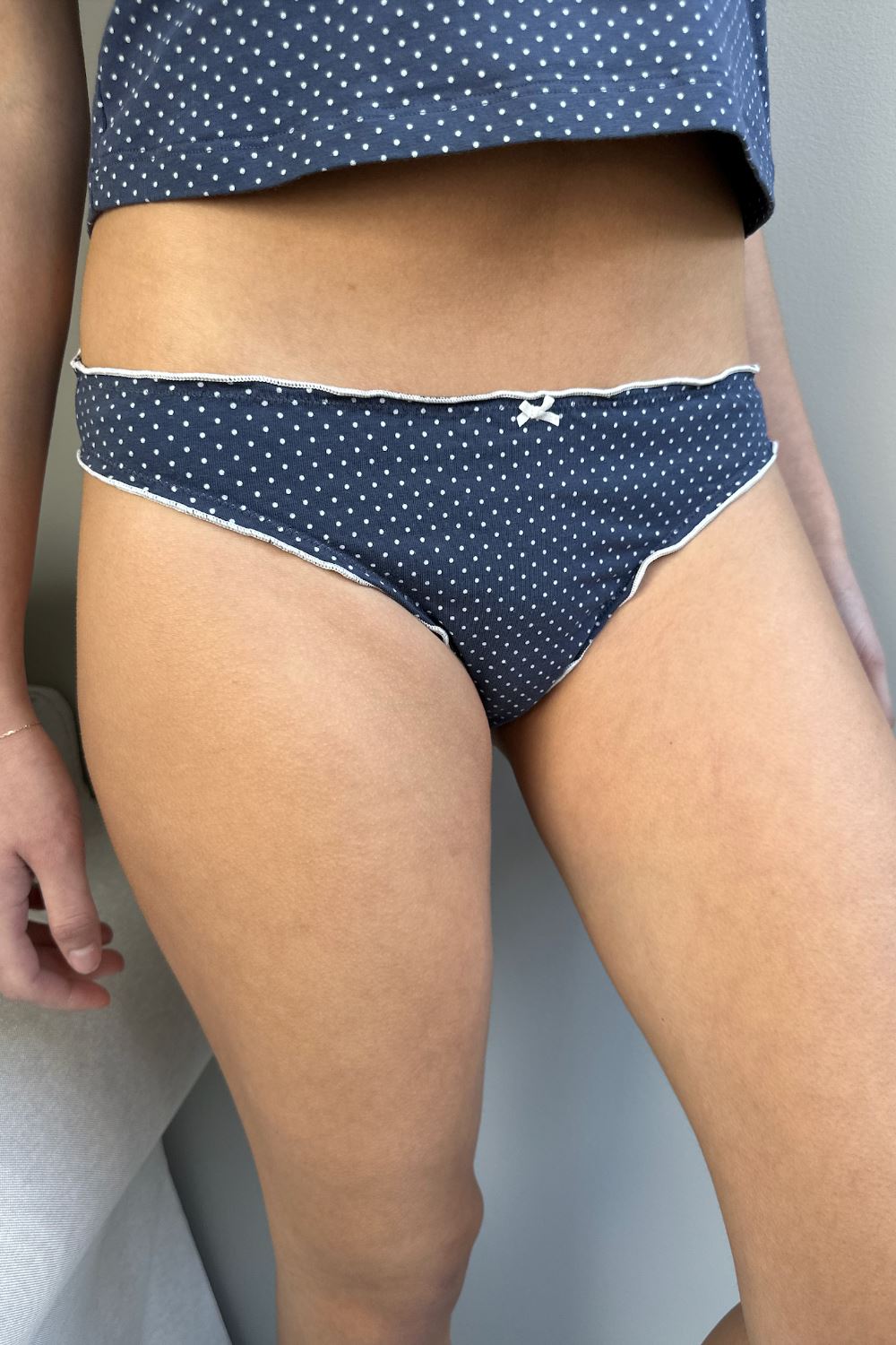 Faded Navy Blue With White Polka Dots / S