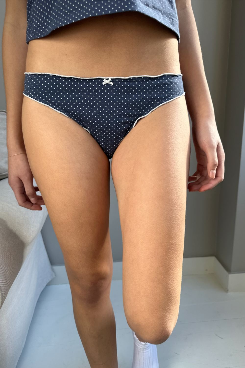 Faded Navy Blue With White Polka Dots / S