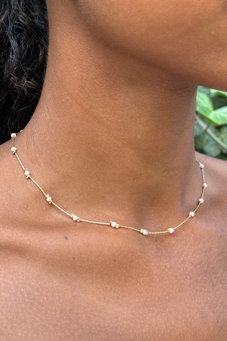 Gold and White Bead Necklace | Gold