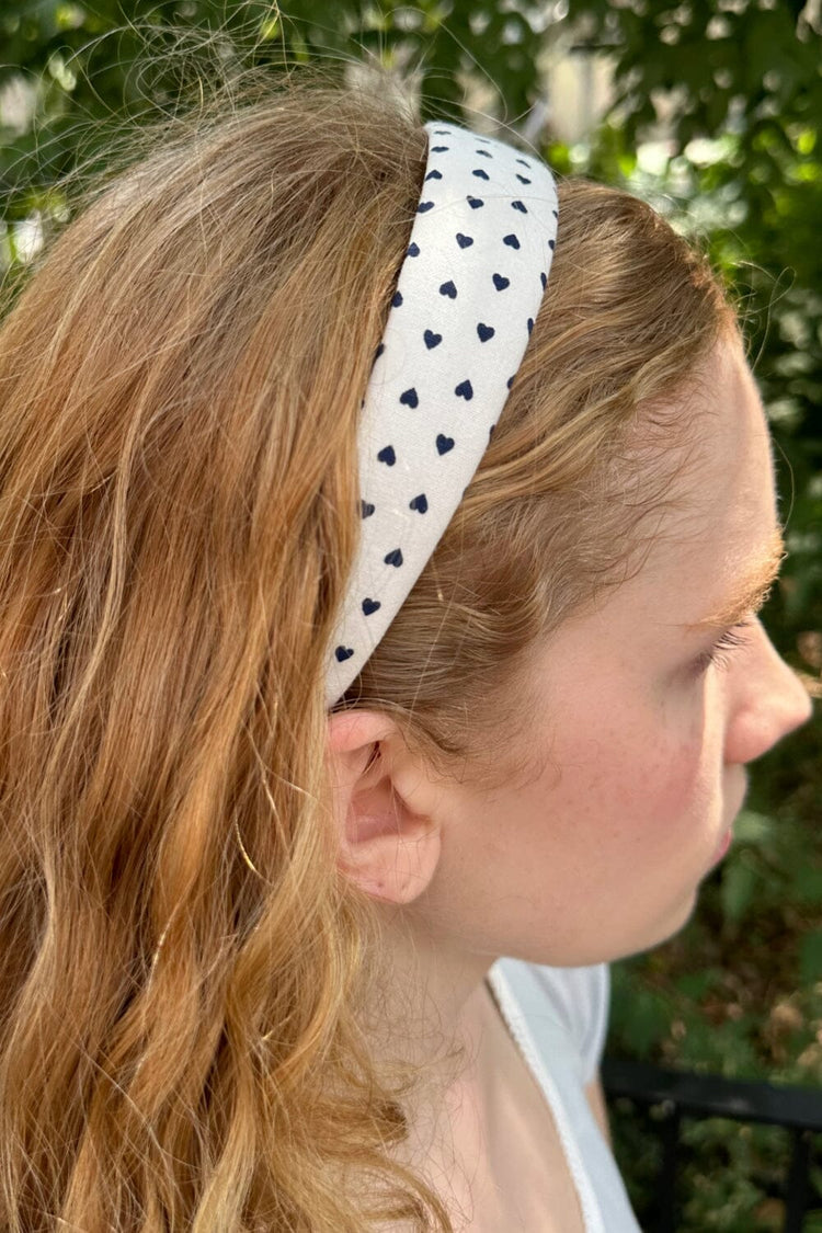 Heart Headband | White With Navy Blue Hearts