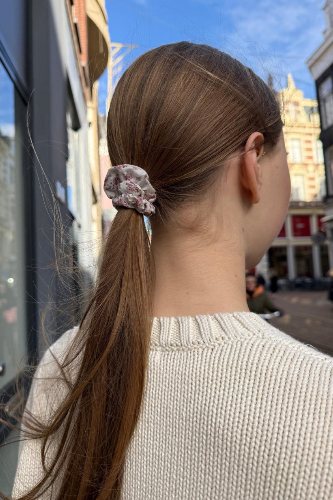 Floral Scrunchie | Ivory With Red Flowers