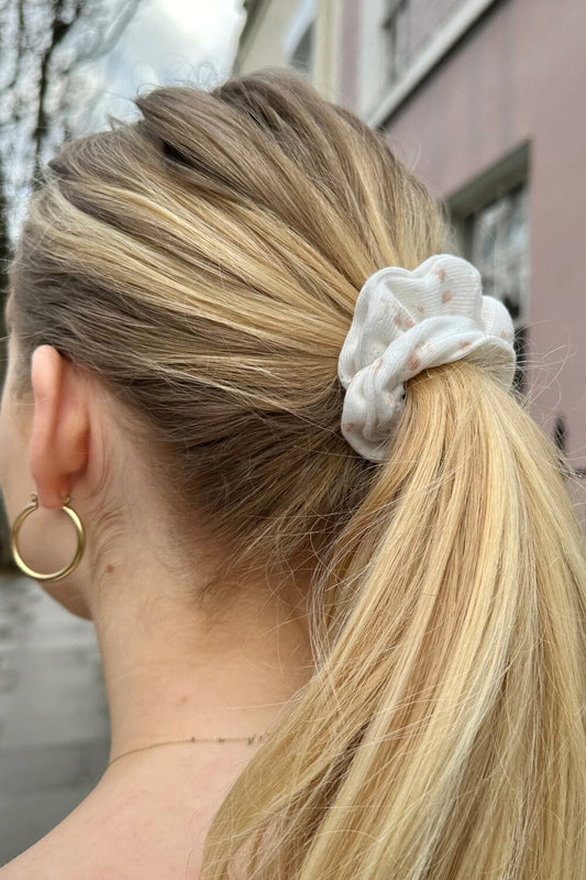 White Scrunchie With Pink Flowers