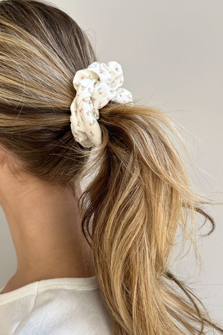 Floral Scrunchie | White With Light Pink And Dark Green Flowers