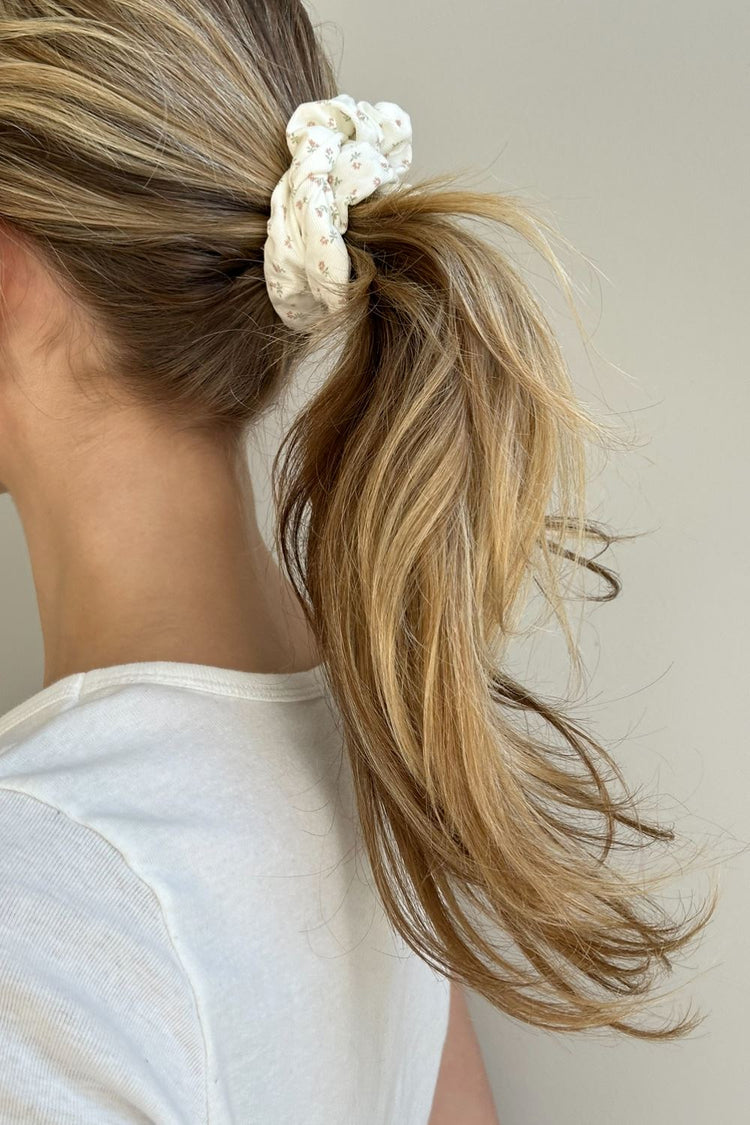 Floral Scrunchie | White With Light Pink And Dark Green Flowers