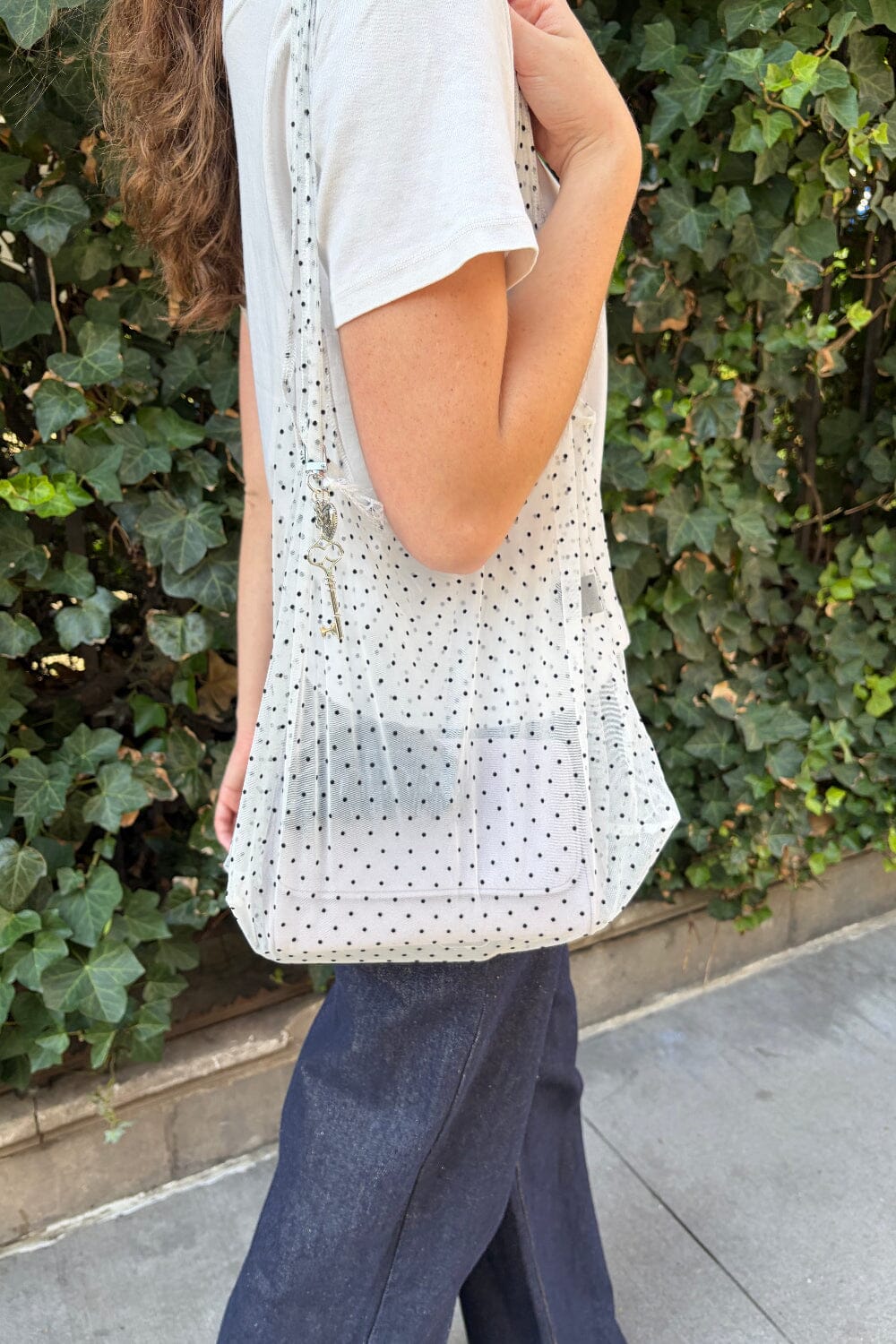 Mesh Shoulder Bag | White with Black Polka Dots