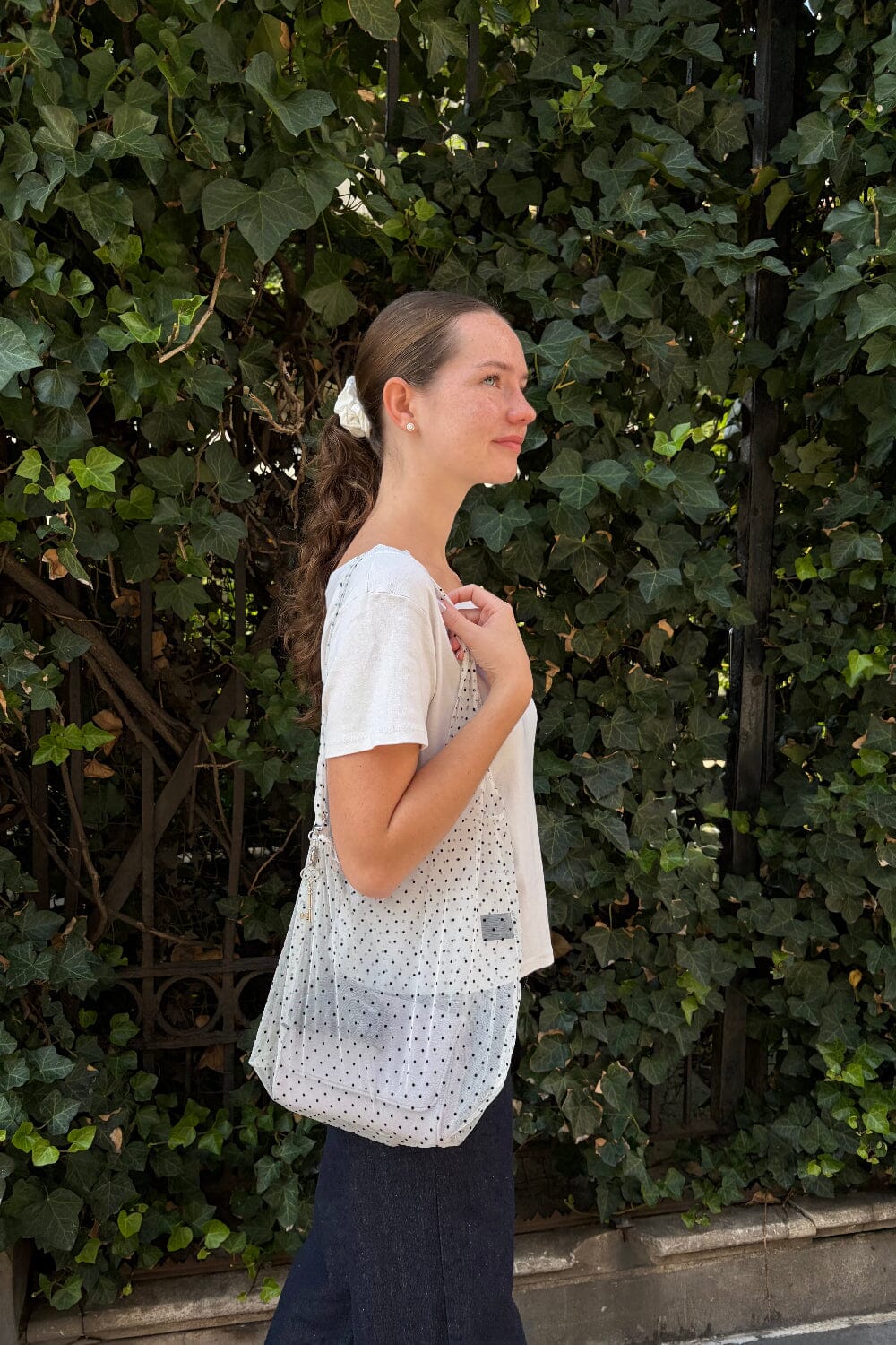 Mesh Shoulder Bag | White with Black Polka Dots