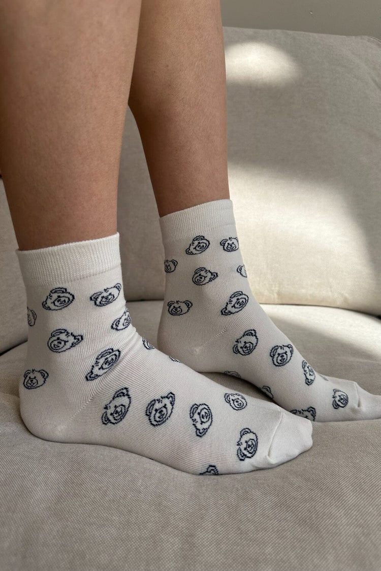 Teddy Bear Socks | White with Navy Teddy Bear