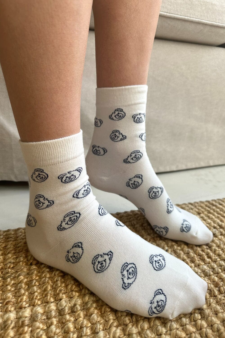 Teddy Bear Socks | White with Navy Teddy Bear