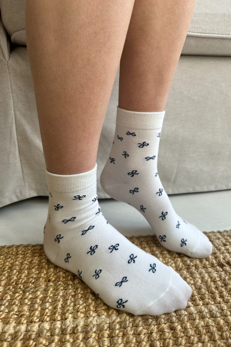 Bow Socks | White with Navy Bow