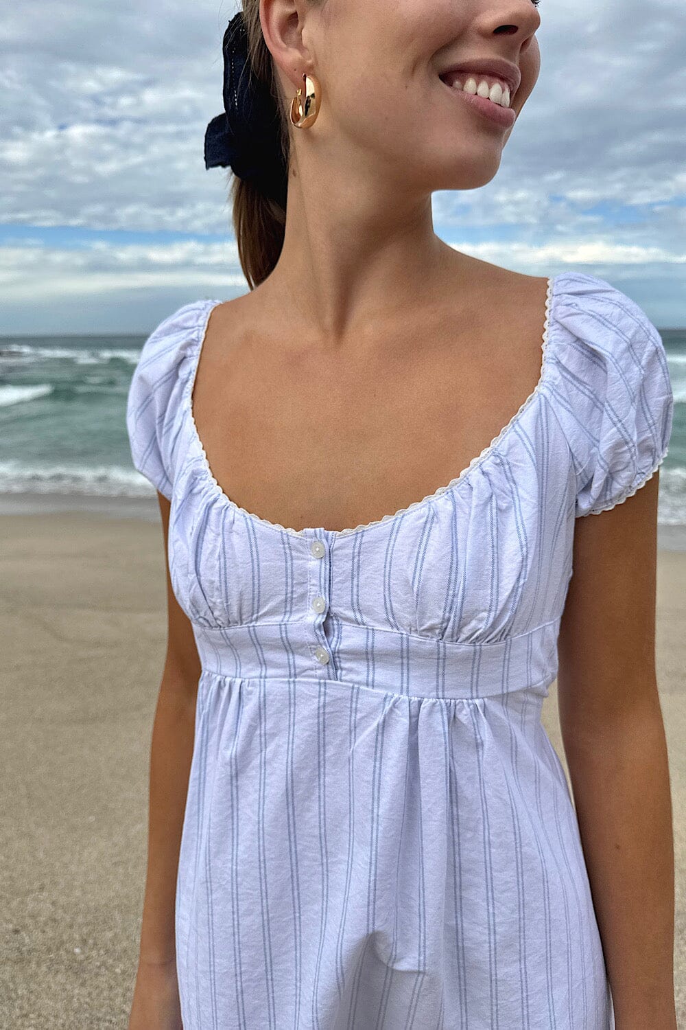 White with Double Vertical Stripes in Light Blue