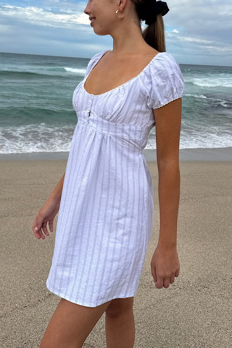 Blair Stripes Dress | White with Double Vertical Stripes in Light Blue