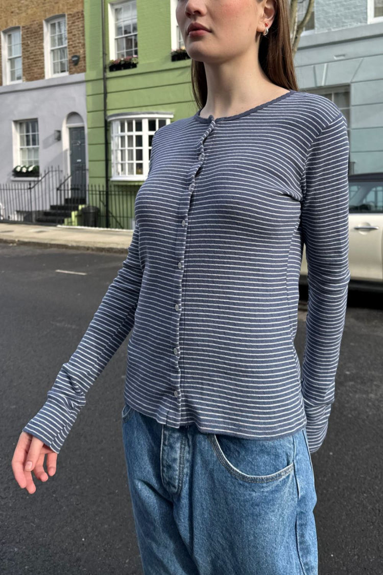 Zelly Striped Eyelet  Top | Faded Blue With White Stripes / S