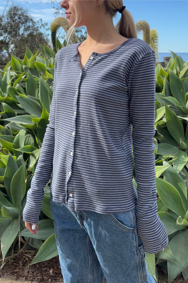 Zelly Striped Eyelet  Top | Faded Blue With White Stripes / S