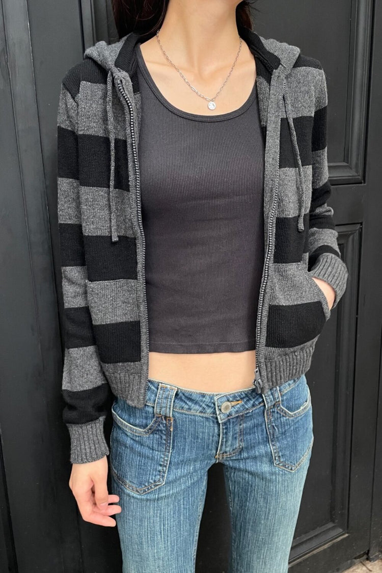 Alana Wool Striped Zip Up Sweater | Dark Heather Grey / Cropped Fit