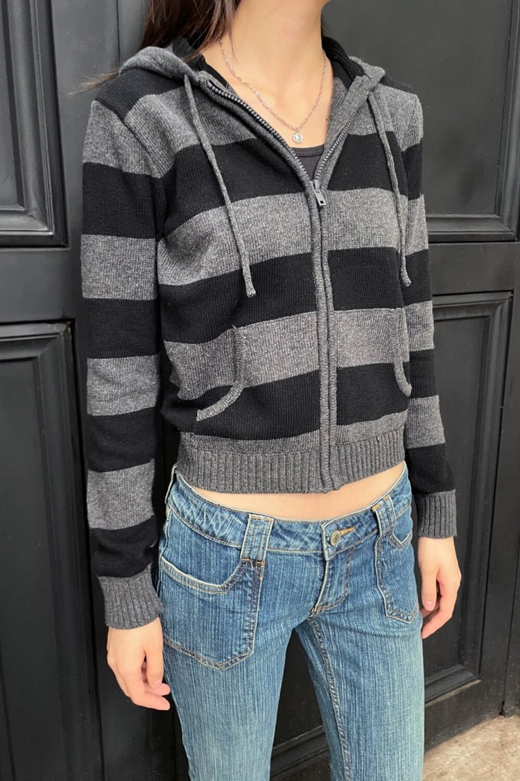 Alana Wool Striped Zip Up Sweater | Dark Heather Grey / Cropped Fit