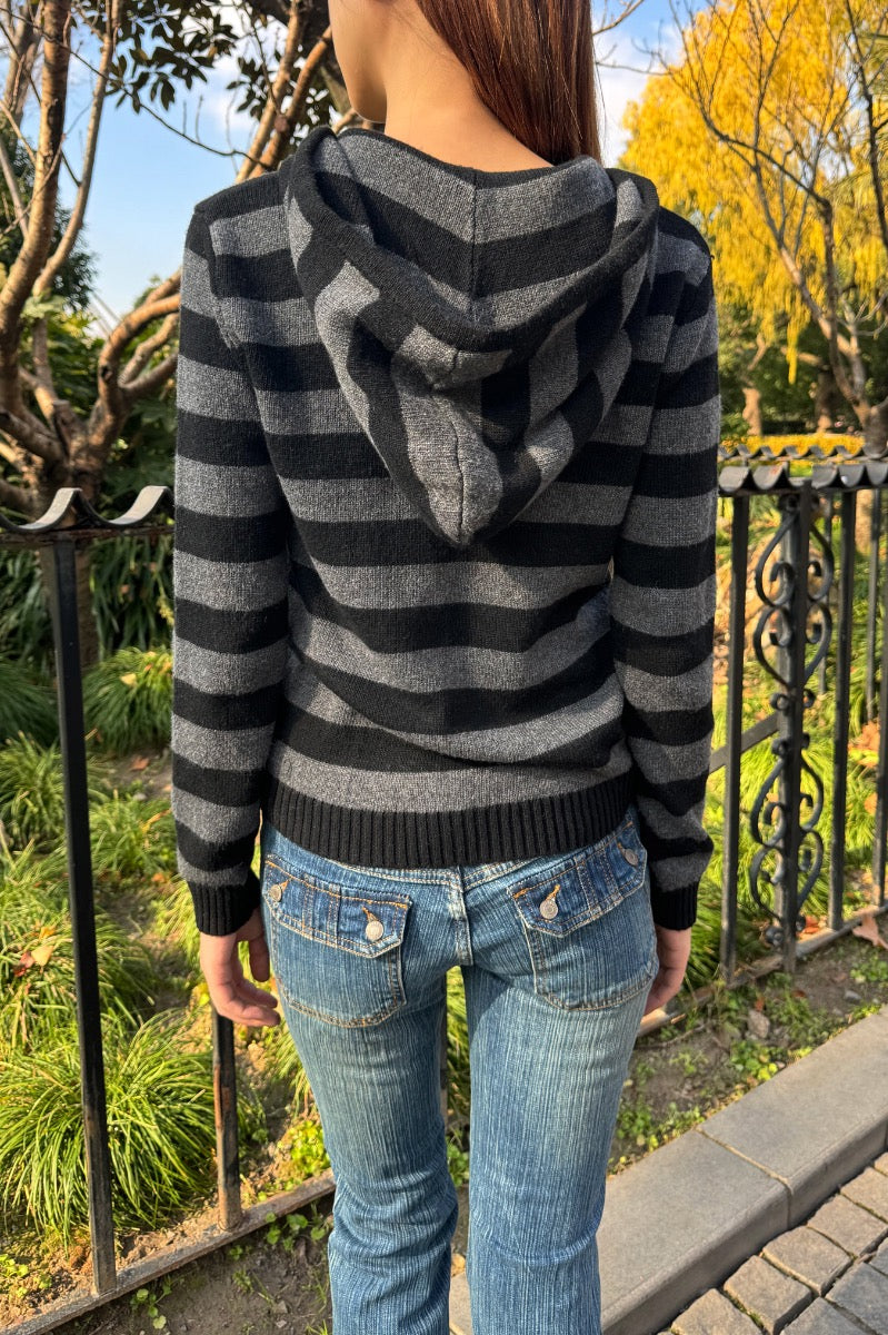 Alana Wool Stripe Zip Up Sweater | Black Dark Grey Stripes / Regular Fit