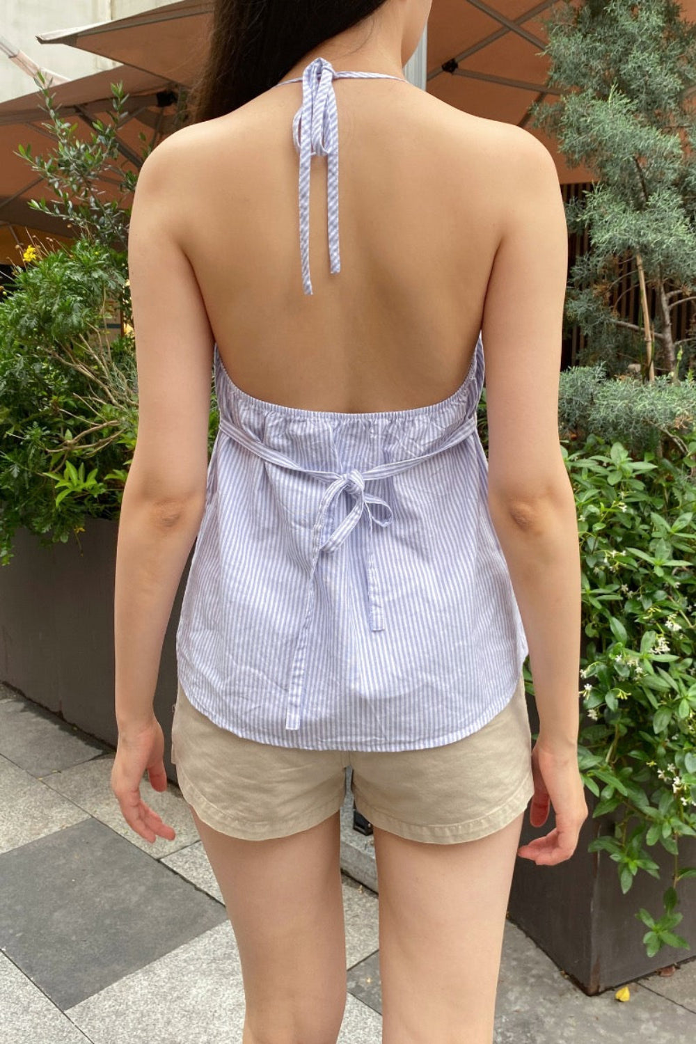 Edith Striped Halter Tank | Light Blue Vertical White Stripes / XS/S
