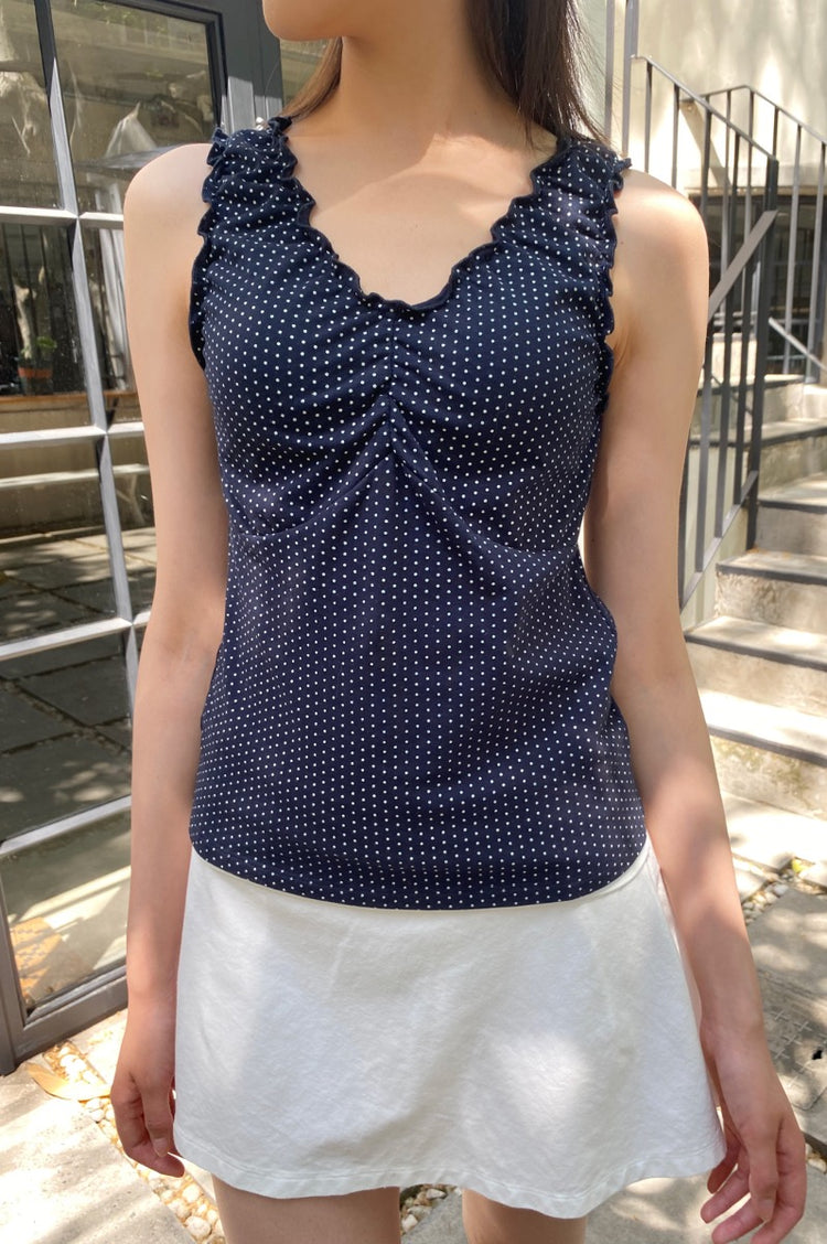 Malena Polka Dot Top | Faded Navy Blue With White Polka Dots / XS/S