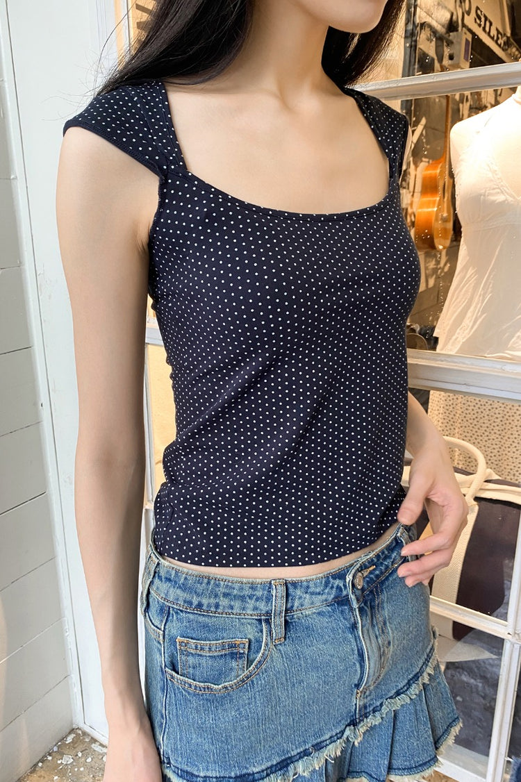 Ella Top | Faded Navy Blue With White Polka Dots