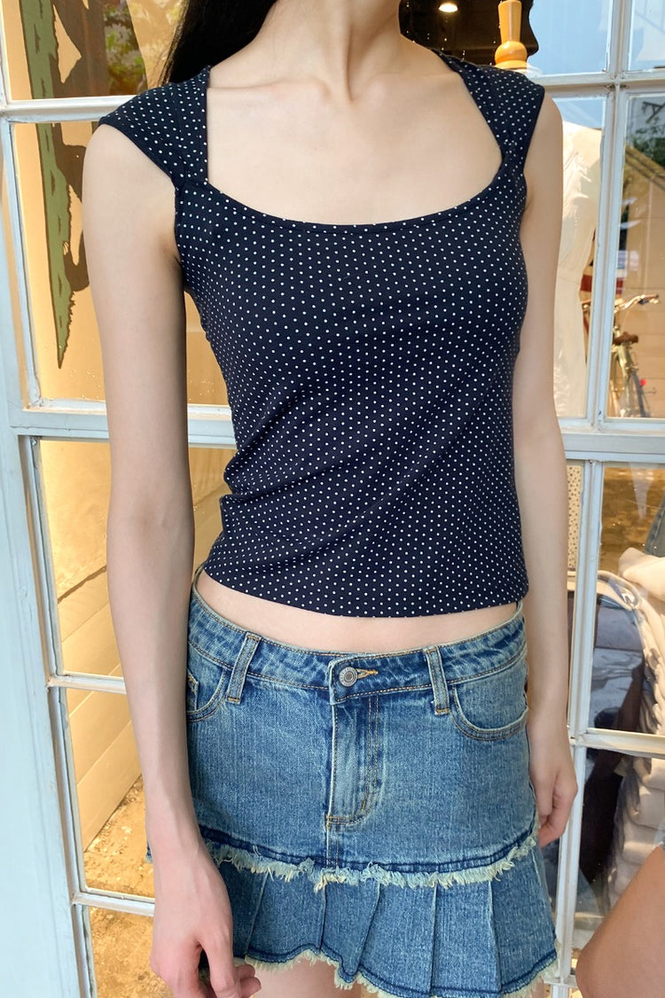 Ella Top | Faded Navy Blue With White Polka Dots
