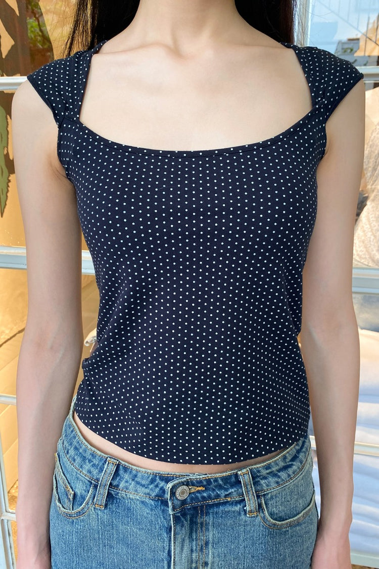 Ella Top | Faded Navy Blue With White Polka Dots