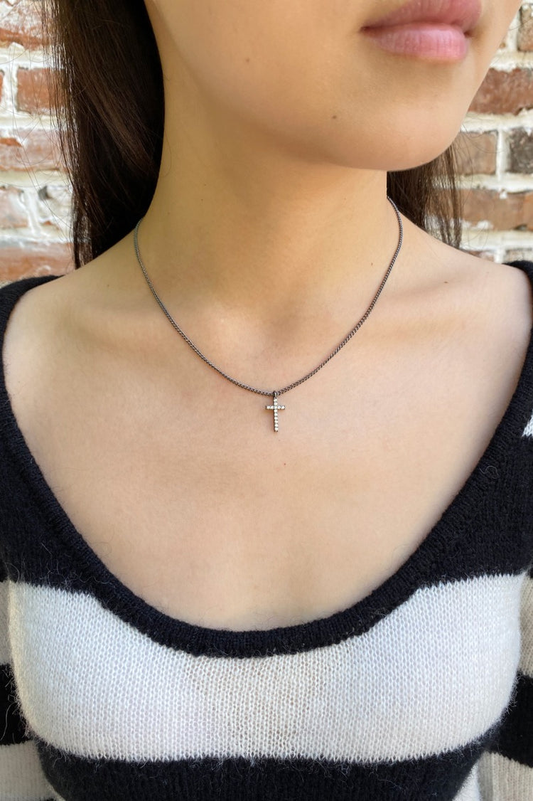 Rhinestone Cross Necklace | Silver