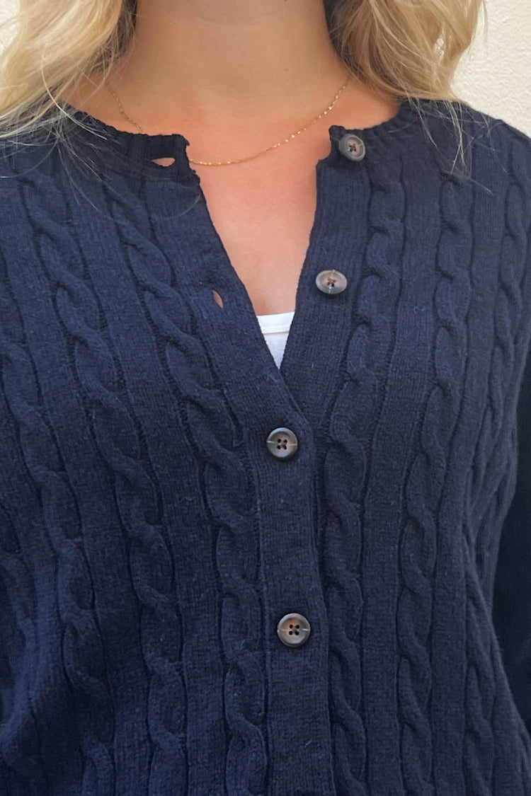 Olsen Wool Cable Knit Cardigan | Navy Blue / S