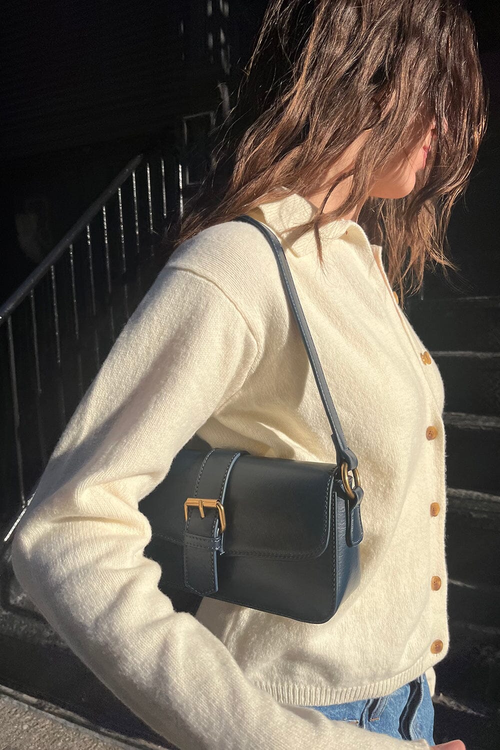 Navy Faux Leather Buckle Bag